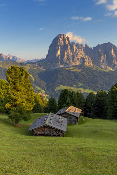 Last rays of sun on traditional hut with view on Sassolungo Group. Gardena Valley, South Tyrol, Dolomites, Italy, Europe.