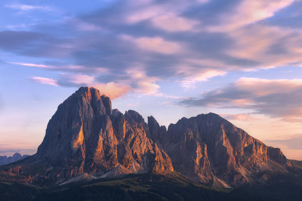 Sassolungo Group at sunset. Gardena Valley, South Tyrol, Dolomites, Italy, Europe.