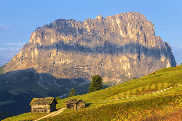 Traditional hut with Sassolungo in the background. Gardena Pass, Gardena Valley, Dolomites, South Tyrol, Italy, Europe.