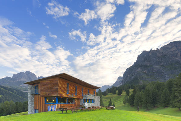 Clouds above Juac Hutte Refuge. Selva Val Gardena, Gardena Valley, South Tyrol, Dolomites, Italy, Europe.