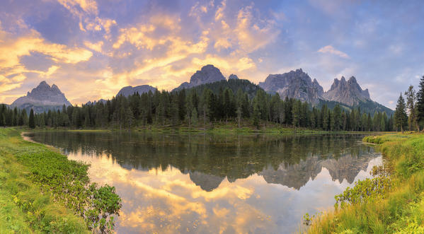 Panoramic view of Antorno Lake at sunrise.  Dolomites of Sesto / Sexten, Province of Belluno, Veneto, Italy, Europe.