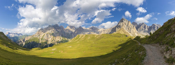 Panoramic view of San Nicolò Pass, Fassa Valley, Trentino, Dolomites, Italy, Europe.