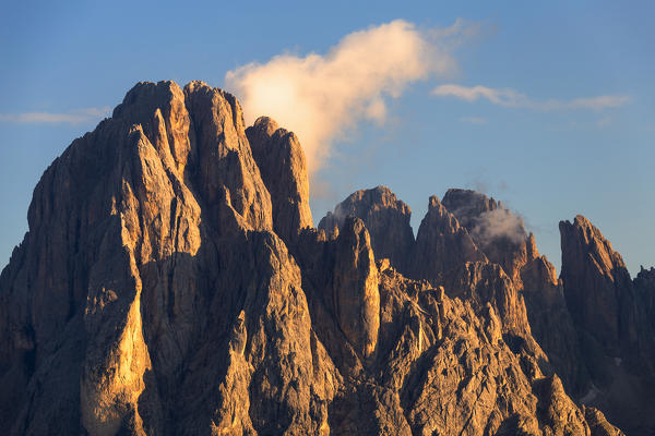 Sassolungo at sunset. Gardena Valley, South Tyrol, Dolomites, Italy, Europe.