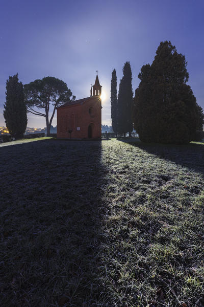 Red church of Pomelasca in the moonlight, Brianza, Como province, Lombardy, Italy, Europe