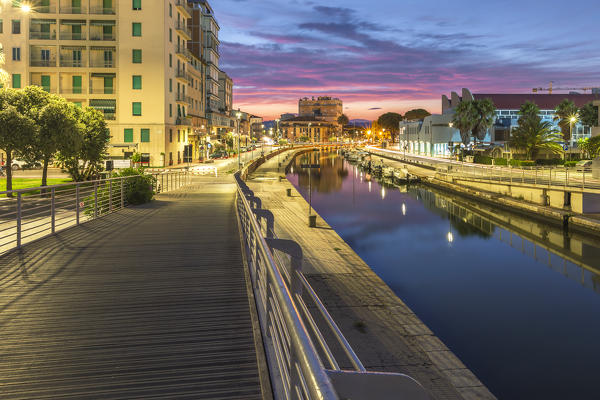 Dawn on pier and Canale Burlamacca, Viareggio, Lucca province, Versilia, Tuscany, Italy, Europe