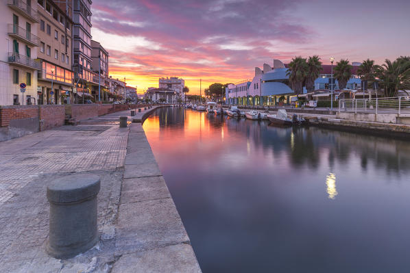Sunrise on pier and Canale Burlamacca, Viareggio, Lucca province, Versilia, Tuscany, Italy, Europe