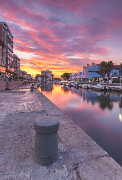 Sunrise on pier and Canale Burlamacca, Viareggio, Lucca province, Versilia, Tuscany, Italy, Europe
