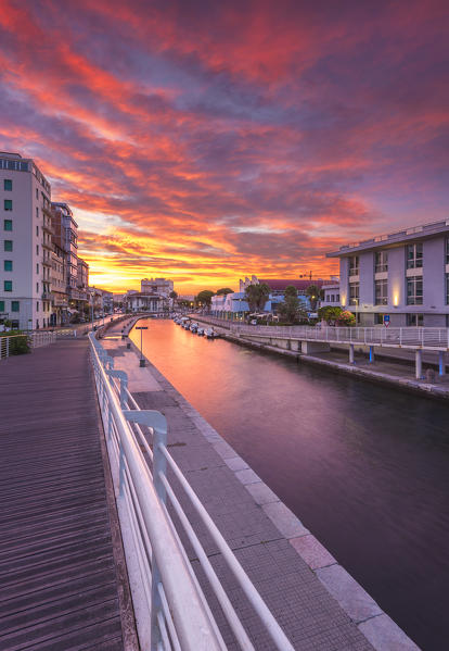 Sunrise on pier and Canale Burlamacca, Viareggio, Lucca province, Versilia, Tuscany, Italy, Europe