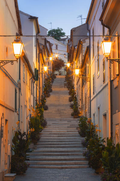 The La Costarella staircase illuminated at dawn, Numana village, Riviera del Conero, Ancona province, Marche, Italy, Europe