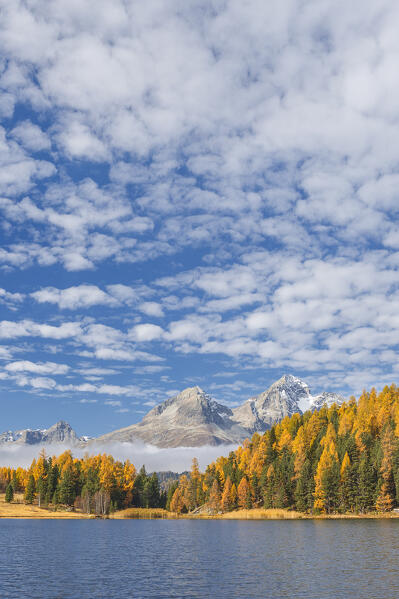 Autumn view on Lej da Staz (Lake of Staz). Celerina/Schlarigna, St Moritz, canton of Graubünden, Engadine, Switzerland, Europe