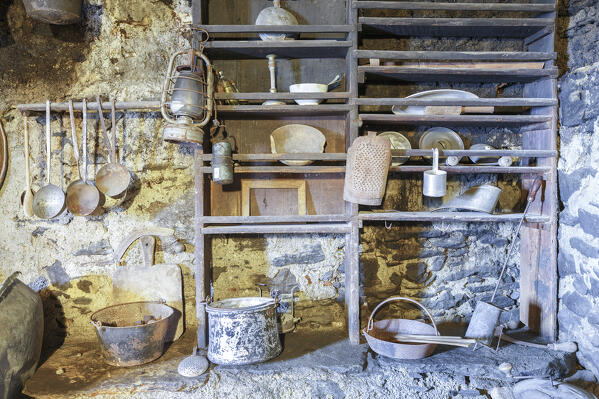 A kitchen of the ancient Cà Bardassa, Fraciscio, Campodolcino, Spluga valley, Sondrio province, Lombardy, Italy, Europe