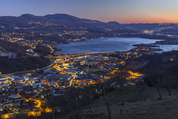Valmadrera and lake Annone by night, Lecco province, Brianza, Lombardy, Italy, Europe