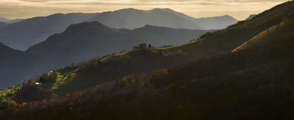 Sunrise over Intelvi valley's hills, Casasco d'Intelvi, Como province, Lombardy, Italy, Europe