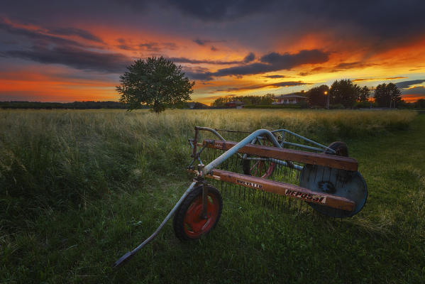 A plow in the field at sunset, Como province, Lombardy, Italy, Europe