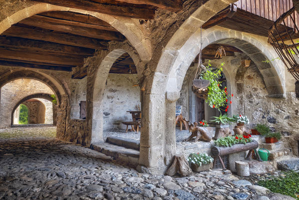 Ancient portico of Cornello dei Tasso, Camerata Cornello, Bergamo province, Brembana valley, Lombardy, Italy, Europe