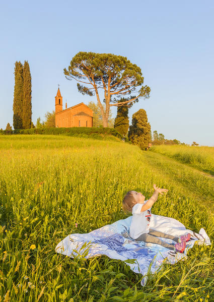 Child happy on Pomelasca meadows, Inverigo, Como province, Brianza, Lombardy, Italy, Europe (MR)