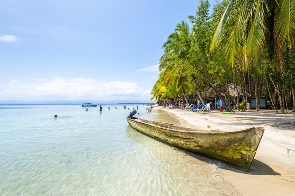 Traditional wooden boat. Playa Estrella (Starfish beach), Colon island, Bocas del Toro province, Panama, Central America