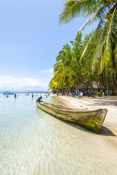 Traditional wooden boat. Playa Estrella (Starfish beach), Colon island, Bocas del Toro province, Panama, Central America