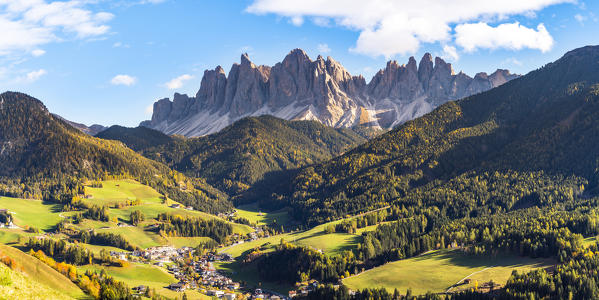 St. Magdalena, Funes Valley, Bolzano, South Tyrol, Trentino Alto Adige, Italy. St. Magdalena village with the Puez Odle Dolomites Group in the background.