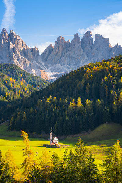 St. Magdalena, Funes Valley, Bolzano, South Tyrol, Trentino Alto Adige, Italy. St. Johann Church with the Odle Dolomites Group in the background.
