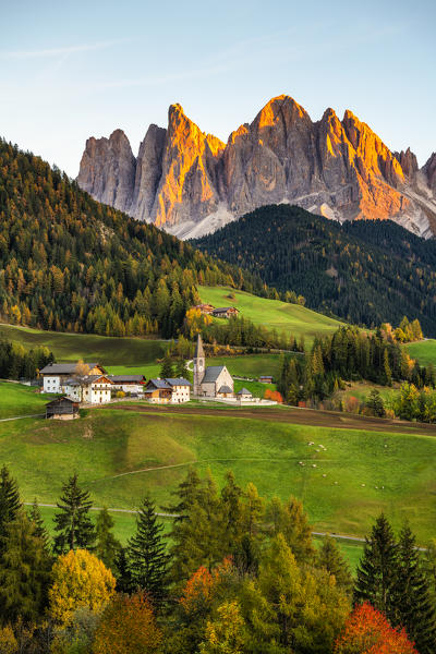 St. Magdalena, Funes Valley, Bolzano, South Tyrol, Trentino Alto Adige, Italy. St. Magdalena village with the Odle Dolomites Group in the background.