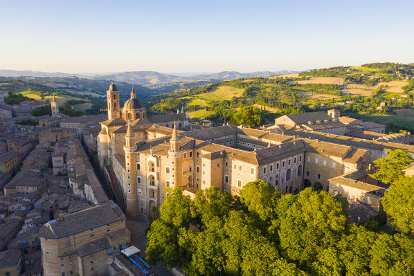 Aerial view of Urbino old town at sunset. Urbino, Marche, Italy, Europe