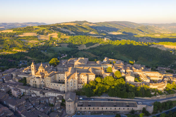 Aerial view of Urbino old town at sunset. Urbino, Marche, Italy, Europe