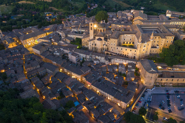 Aerial view of Urbino at dusk. Urbino, Marche, Italy, Europe