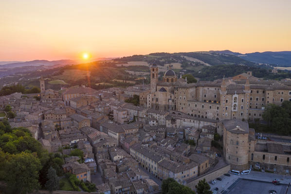 Aerial view of Urbino at sunrise. Urbino, Marche, Italy, Europe