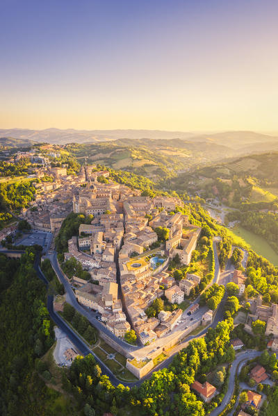 Aerial view of Urbino at sunrise. Urbino, Marche, Italy, Europe