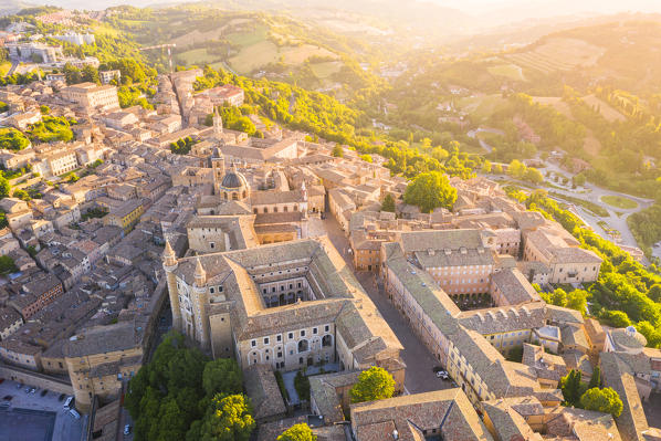 Aerial view of Urbino at sunrise. Urbino, Marche, Italy, Europe