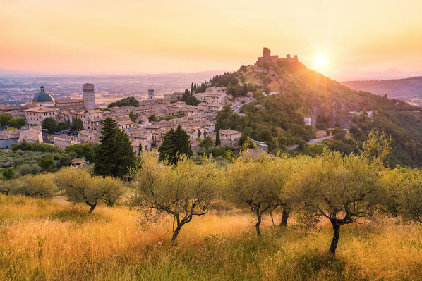 Sunset over Assisi, Perugia province, Umbria, Italy, Europe