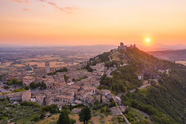 Sunset over Assisi, Perugia province, Umbria, Italy, Europe