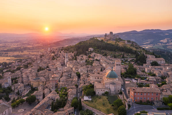 Sunset over Assisi, Perugia province, Umbria, Italy, Europe