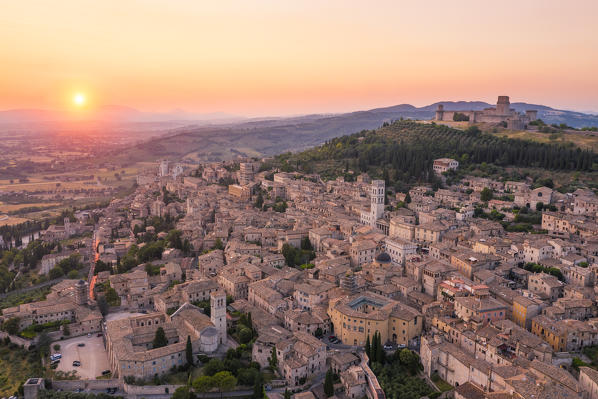Sunset over Assisi, Perugia province, Umbria, Italy, Europe