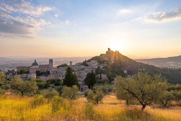 Sunset over Assisi, Perugia province, Umbria, Italy, Europe