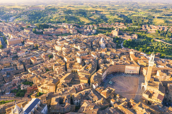 Aerial view of Piazza Del Campo and Siena old town. Siena, Tuscany, Italy, Europe