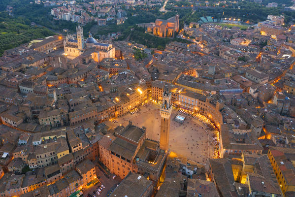 Aerial view of Piazza Del Campo and Siena old town. Siena, Tuscany, Italy, Europe