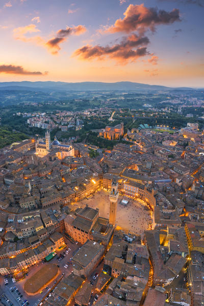 Aerial view of Piazza Del Campo and Siena old town. Siena, Tuscany, Italy, Europe