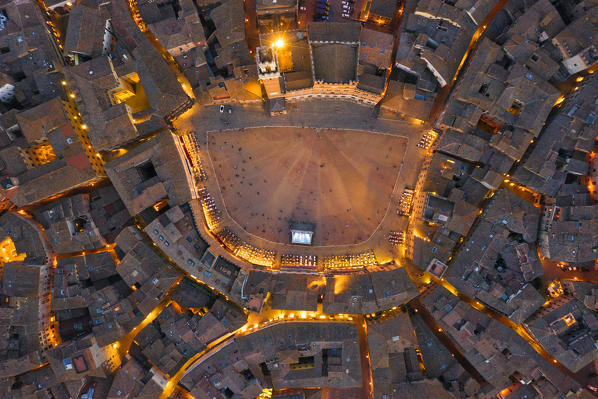 Aerial view of Piazza Del Campo and Siena old town. Siena, Tuscany, Italy, Europe