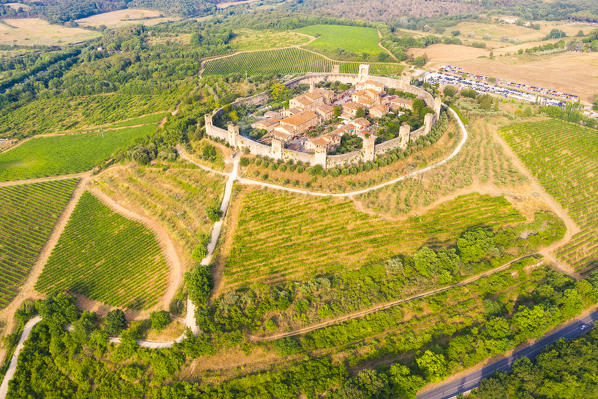Aerial view of fortress village Monteriggioni, Siena province, Tuscany, Italy, Europe