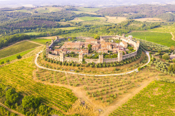 Aerial view of fortress village Monteriggioni, Siena province, Tuscany, Italy, Europe