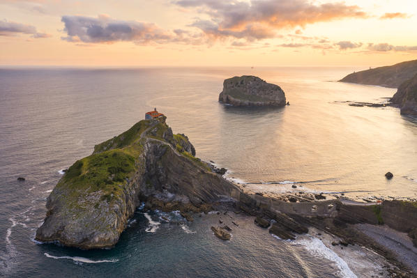 Gaztelugatxe, Biscay, Basque Country, Spain. Aerial view of the islet and the hermitage at sunrise 