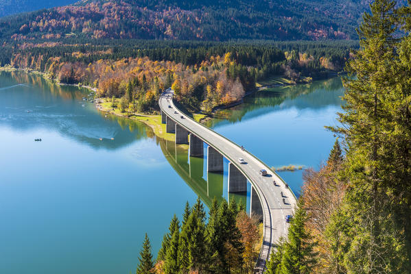 Bad Tölz, Bavaria, Germany, Europe. Sylvenstein bridge in autumn season