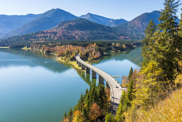 Bad Tölz, Bavaria, Germany, Europe. Sylvenstein bridge in autumn season