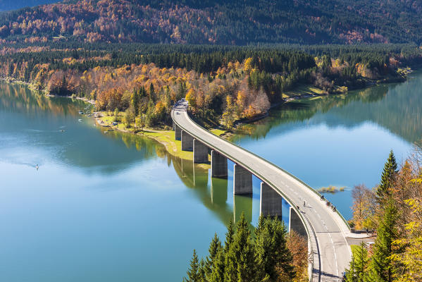 Bad Tölz, Bavaria, Germany, Europe. Sylvenstein bridge in autumn season