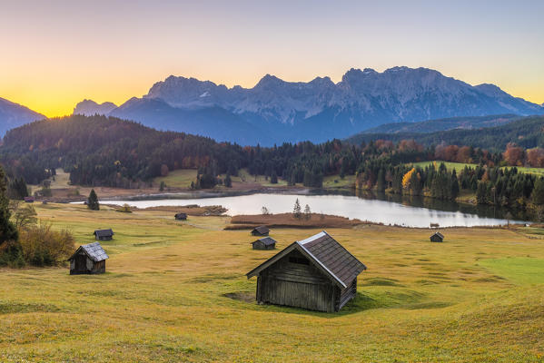 Gerold, Garmisch Partenkirchen, Bavaria, Germany, Europe. Sunrise at Gerold with Karwendel range in the background