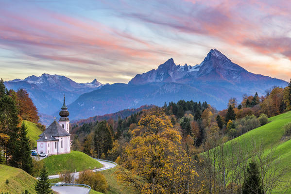 Maria Gern, Berchtesgaden, Bavaria, Germany, Europe. The church of Maria Gern at sunset