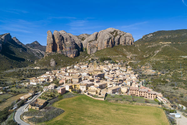 Aerial view of Aguero village. Aguero, Huesca, Aragon, Spain, Europe. 