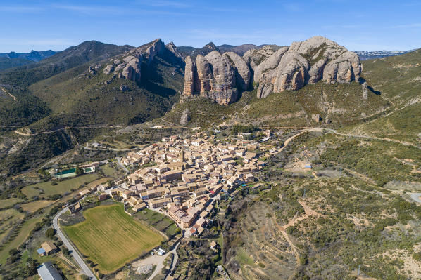 Aerial view of Aguero village. Aguero, Huesca, Aragon, Spain, Europe. 